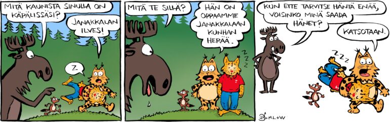 Janakkalan kuntamaskotti The Ilves tapaa Kamalan luonnon hahmot yhteisessä sarjakuvassa.