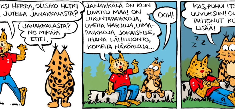 Sarjakuva, jossa kuntamaskotti-ilves keskustelee janakkalasta.