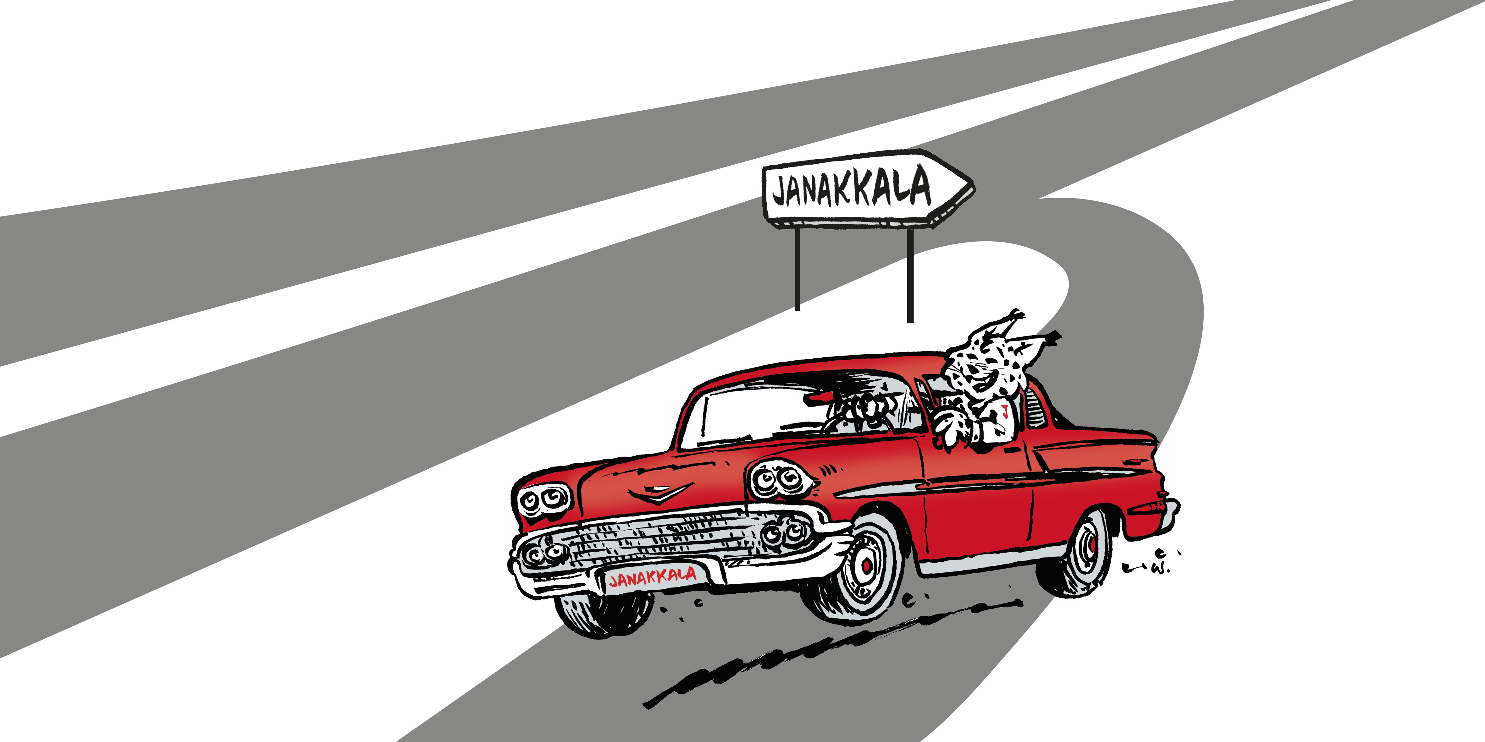 Piirroskuva, jossa ilves ajaa moottoritiellä vanhaa autoa.