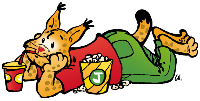 Piirretty kuntamaskotti-ilves makoilee ja katselee elokuvaa popcornien ja limun kera.
