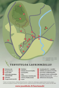 Piirretty kartta Laurimäen luontopolusta ja sen pisteistä.