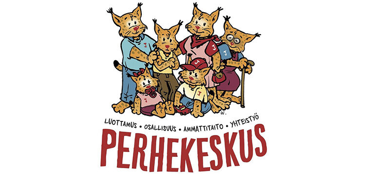 Perhekeskuksen logo, jossa piirretty ilvesperhe.