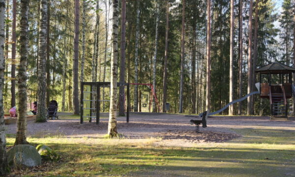 Vohlosen leikkipaikan liukumäki, kiipelyteline ja jousikeinu.