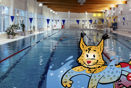 Janakkalan piirretty kuntamaskotti ilves uimassa Tervakosken uimahallissa.