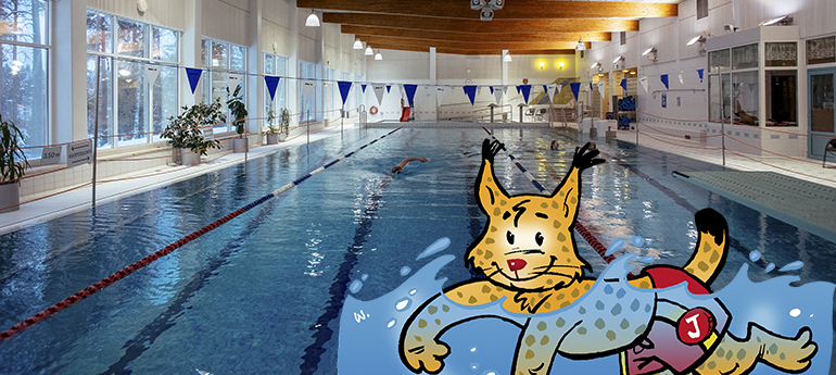 Janakkalan piirretty kuntamaskotti ilves uimassa Tervakosken uimahallissa.