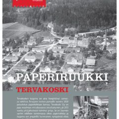 Paperiruukki-esitteen kansi, jossa vanha mustavalkoinen ilmakuva Tervakoskelta.