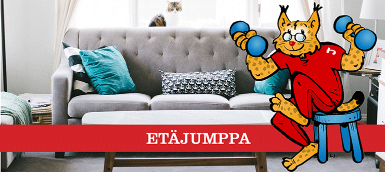 Janakkalan piirretty kuntamaskotti, The Ilves jumppaamassa etänä kotona.