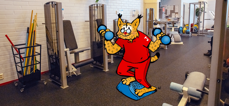 Janakkalan piirretty kuntamaskotti, The Ilves, kuntosalilla.