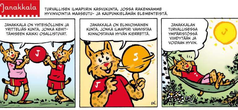 Sarjakuva, joss kuntamaskotti esittelee strategiaa.