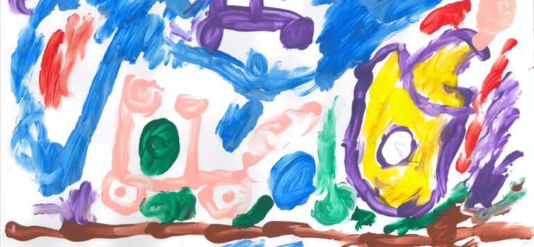 Lapsen tekemä värikäs maalaus.