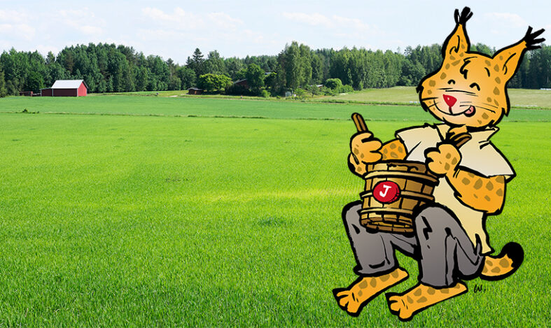 Janakkalan kuntamaskotti, piirretty The Ilves sahtikiulu kädessään hämäläisessä peltomaisemassa.