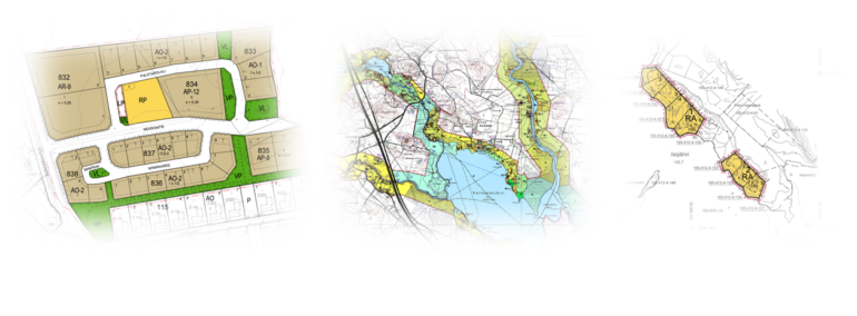 Pienoiskuvat lainvoimaisista kaavoista. Moision asemakaava, ote läntisestä rantayleiskaavasta ja Isojärven ranta-asemakaava.