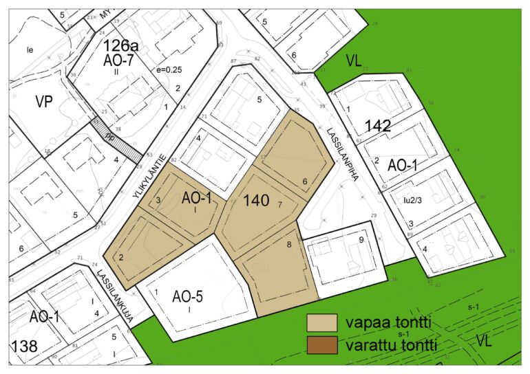 Lassilan kaava-alueen tontit asemakaavakuvassa