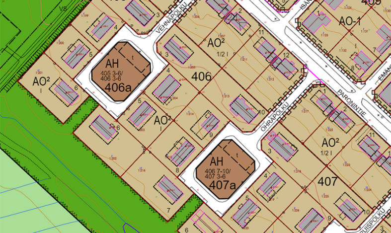 Asemakaavakuva Vehnä-, Ohra- ja Ruispolun alueelta, jossa näkyy yhteishoitoalueet keskellä.