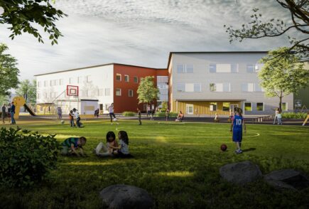 Uuden koulukeskuksen havainnekuvassa välituntipihalla vehreä nurmi ja leikkivälineitä.