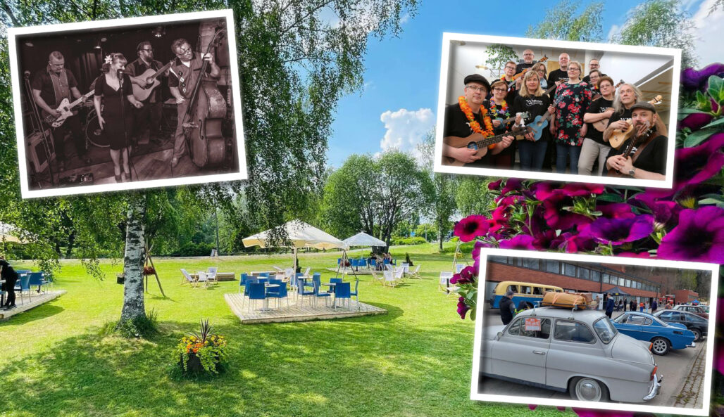 Kesäinen Lyylipuisto terassiravintoloineen, ChiliBilyBeans ja Vopulele sekä Hämeen Mobilistien vanhat autot.
