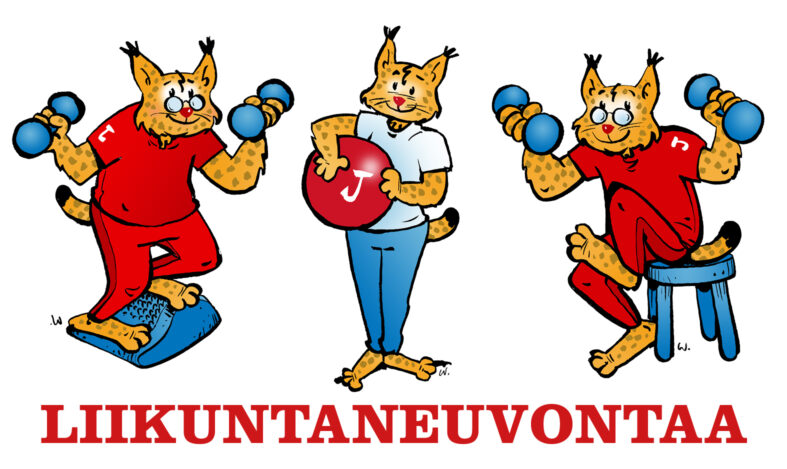 Liikuntaneuvontaa. Janakkalann kuntamaskotti. piirreety the Ilves jumppaamassa.