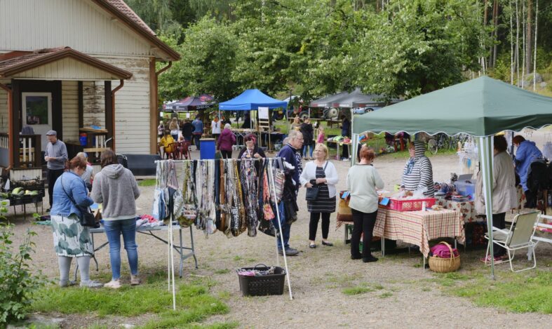 Myyntikojuja ja -telttoja Mallinkaisten maalaismarkkinoilla vanhan kyläkoulun pihapiirissä.