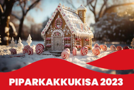 Piparkakkukisa 2023. Kauniisti koristeltu piparkakkutalo lumen keskellä.