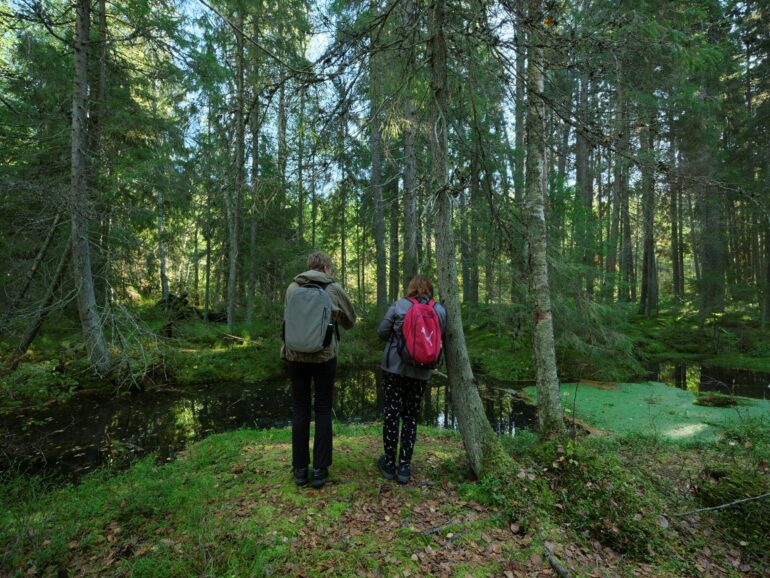 Kaksi retkeilijää reput selässä katselee lähdettä.