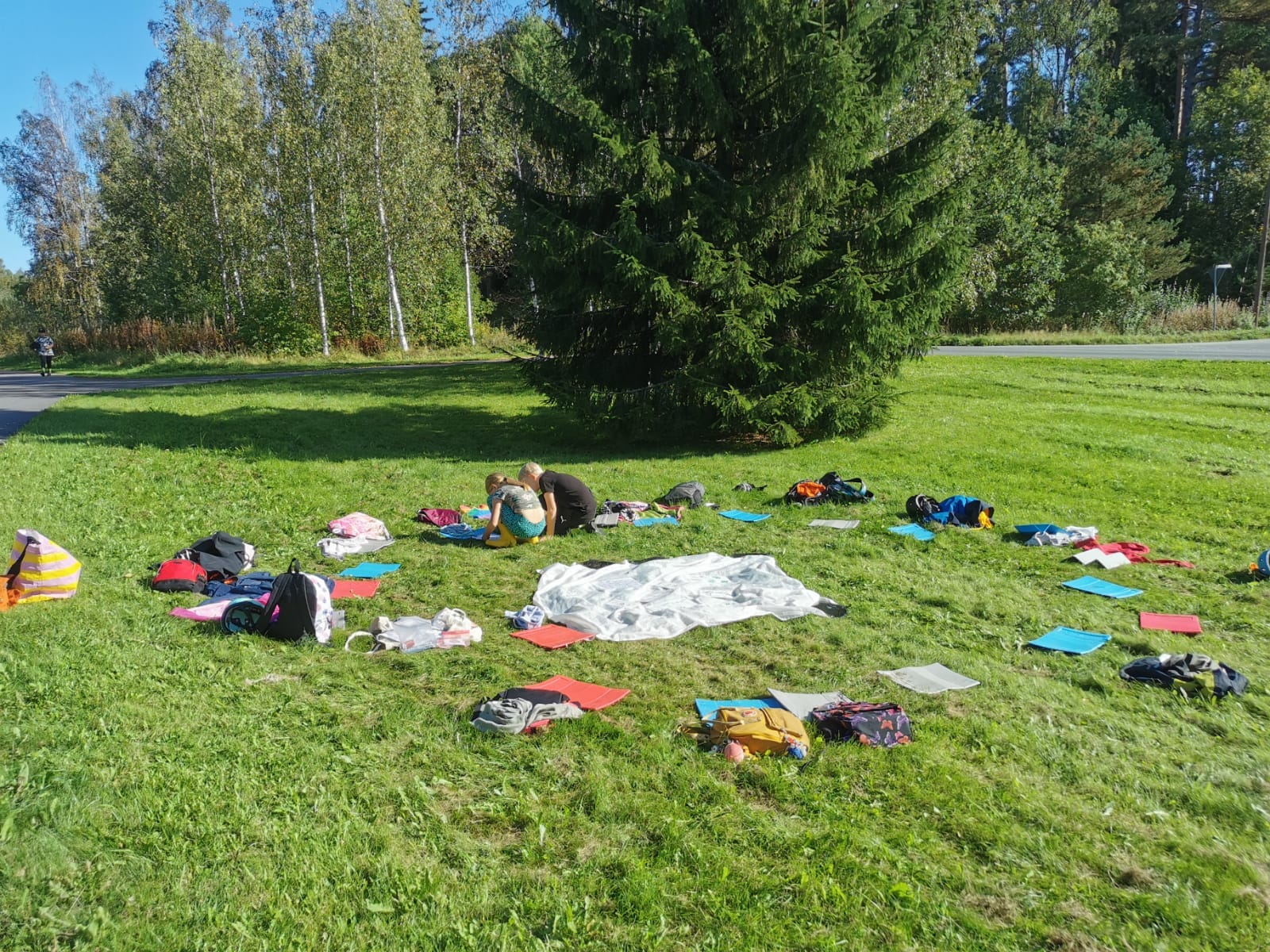 Luontokoulun välineitä nurmella.