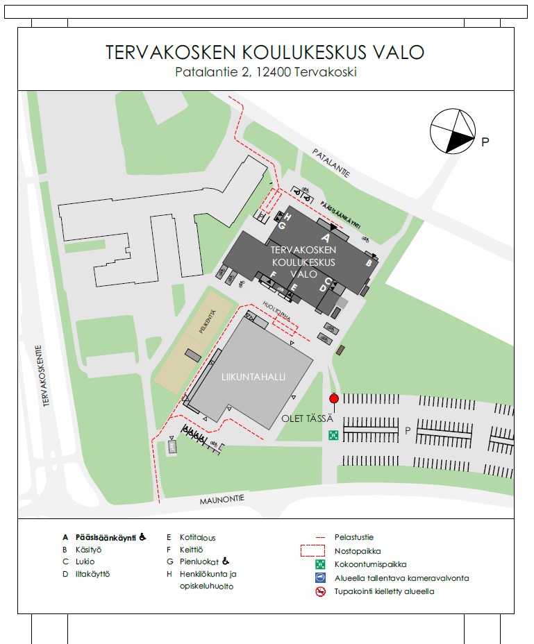 Tervakosken koulukeskus Valo. Alueopaste Maunontien puolen parkkialueelta.