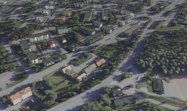 3d mallinnuksella tehty ilmakuva taajamasta.