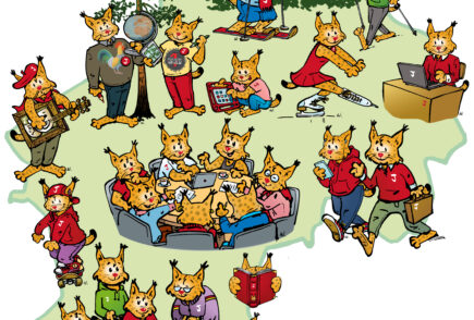 Piirroskuva, erilaisia kuntamaskotti-ilveksiä Janakkalan kartalla.