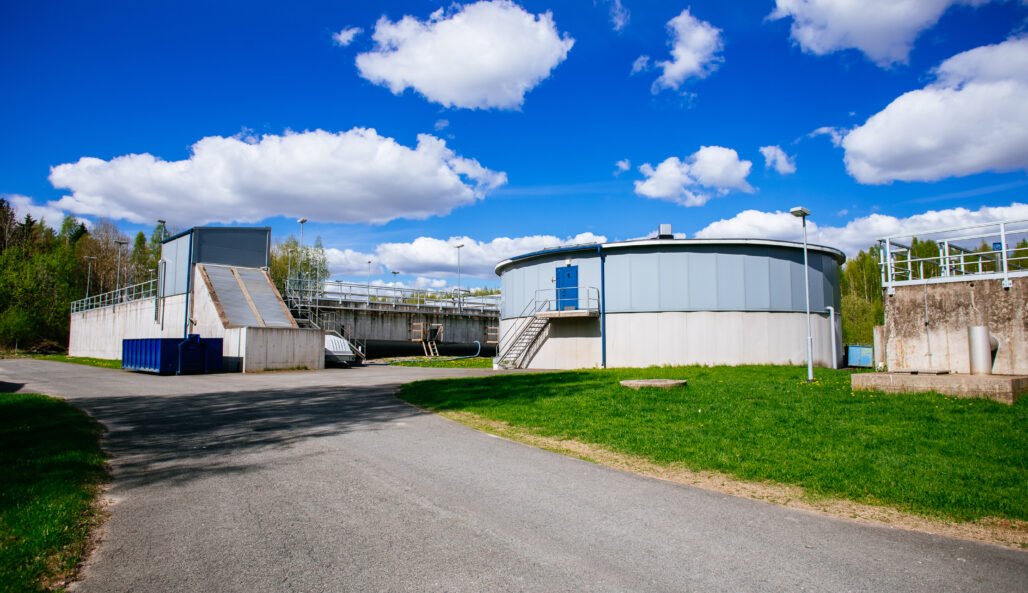 A wastewater treatment plant on a sunny day.