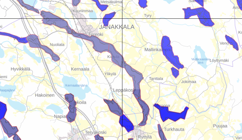 Karttakuva Janakkalan pohjavesialueista.