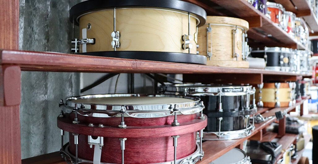 Drums on a shelf.