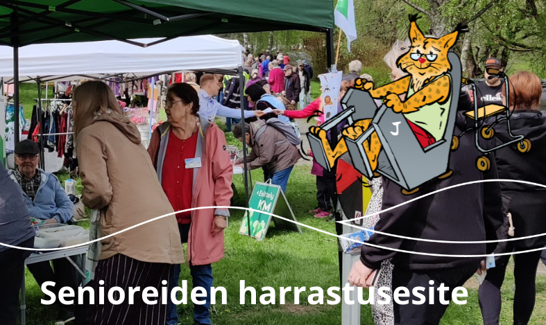 Artikkelikuva senioireiden harrastuesitteessä. Kuvassa on tapahtuma, jossa on ikäihmisiä ja lisäksi seniori-ikäinen ilves maskotti jumppailee