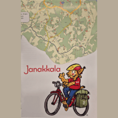 Janakkalan pyöräilyreittikartan etusivu, jossa piirretty ilves pyöräilee, taustalla Janakkalan karttapohjaa.