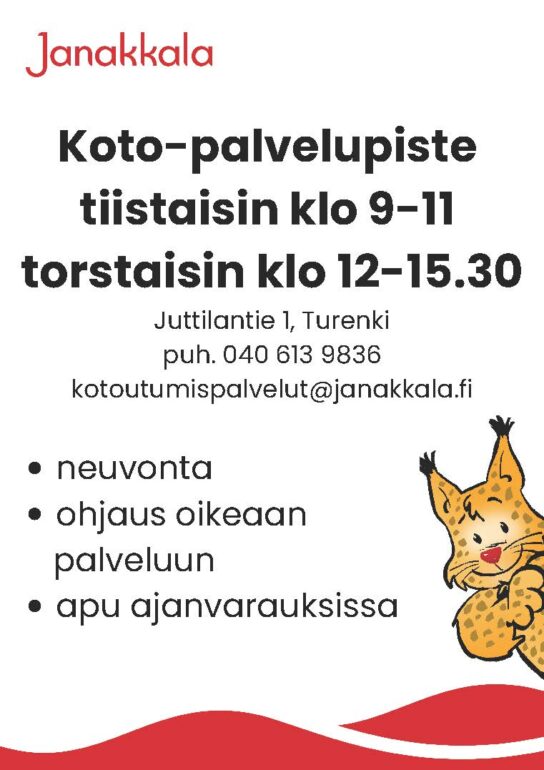 Juliste, jossa lukee: Koto-palvelupiste tiistaisin klo 9-11 ja torstaisin klo 12-15.30 Juttilantie 1, Turenki.