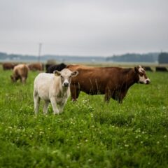 Kaksi lehmää laitumella etualalla, joista vasemmanpuoleinen, valkoinen vasikka katsoo suoraan kameraan. Taaempana lisää lehmiä. Pilvinen päivä kesällä.