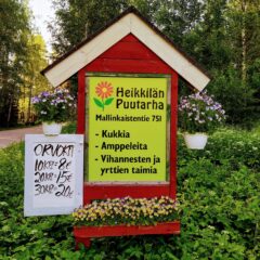 Punainen, vanha maitolaituri, jossa kyltti: Heikkilän Puutarha, Mallinkaistentie 751. Kukka-amppelit roikkuvat räystäistä ja kyltin edessä orvokkeja rivissä.