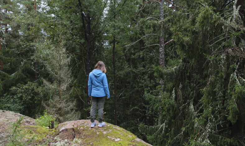 Ihminen sinisessä takissa seisoo kalliojyrkänteen päällä selkä kameraan päin. Kallion takana näkyy suuria havupuita, maisema on peittynyt puilla.