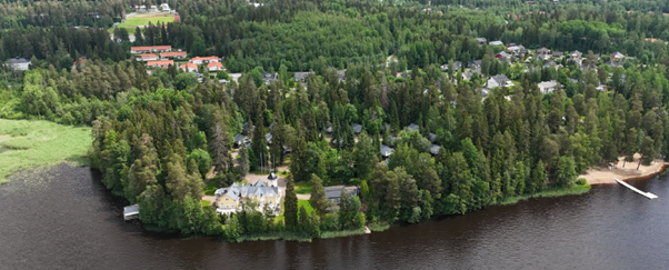 Ilmakuva järveltä päin Tervakosken Suruttoman suuntaan. Kuvassa näkyy rantaviivaa, paljon puita, Tervaniemen kartano ja mökkikylää sekä takana Tammirannan asuinalue.