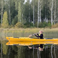 Meloja keltaisessa kanootissa tyynellä joella.
