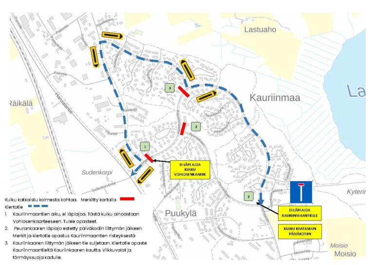 Karttakuva Kauriinmaan alueesta, johon on piirretty kiertotie.