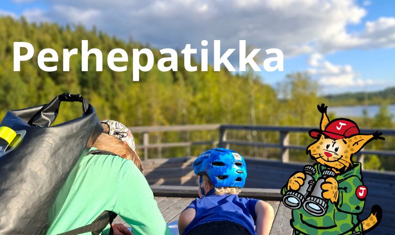 Kuvassa aikuinen ja lapsi tutkivat lintutornissa jotain. Kuva on otettu selän takaa. Kuvassa teksti perhepatikka.